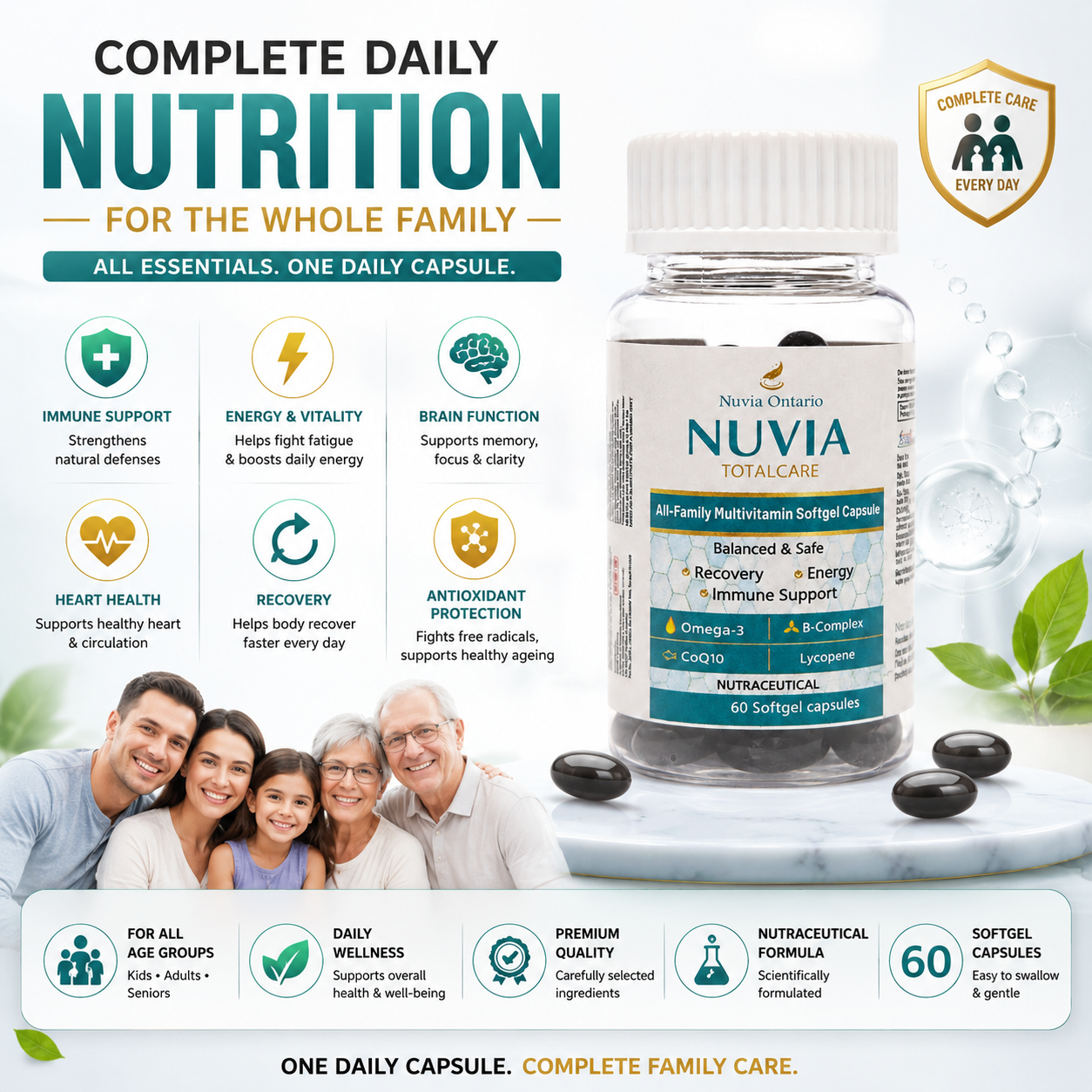 Nuvia TotalCare Multivitamin Softgel Capsules with Omega-3 & CoQ10, 60