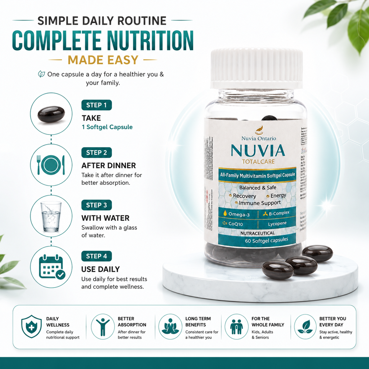 Nuvia TotalCare Multivitamin Softgel Capsules with Omega-3 & CoQ10, 60