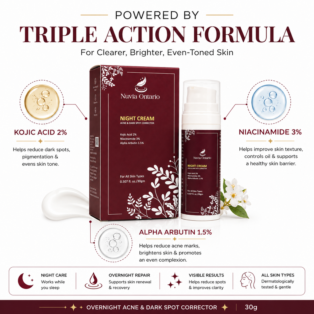 Nuvia Ontario Night Cream with Kojic Acid, Niacinamide & Alpha Arbutin, 30g