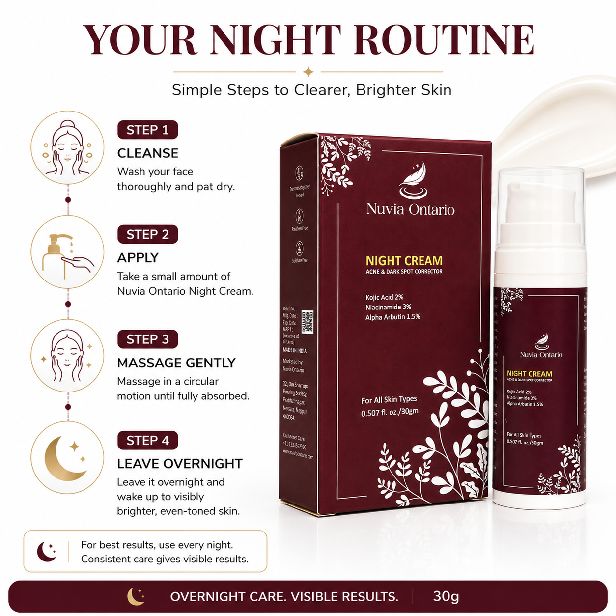 Nuvia Ontario Night Cream with Kojic Acid, Niacinamide & Alpha Arbutin, 30g