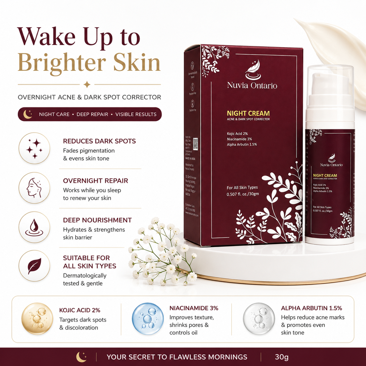 Nuvia Ontario Night Cream with Kojic Acid, Niacinamide & Alpha Arbutin, 30g
