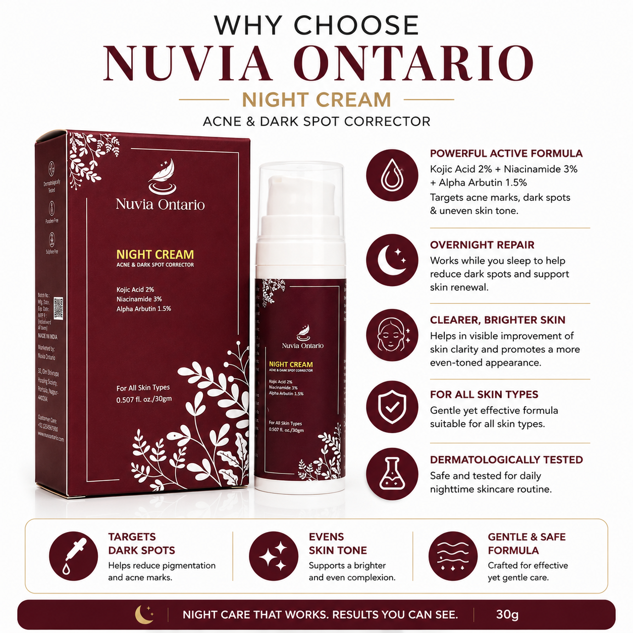 Nuvia Ontario Night Cream with Kojic Acid, Niacinamide & Alpha Arbutin, 30g